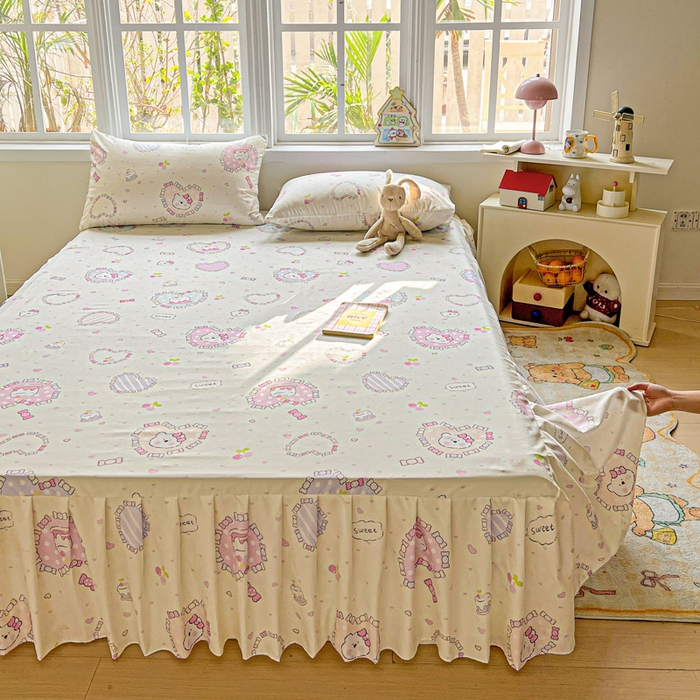 91家纺网 家纺一手货源 找家纺 极梦家纺（支持定制） 2025新款印花磨毛单床裙三件套（总链接一）爱心粉兔