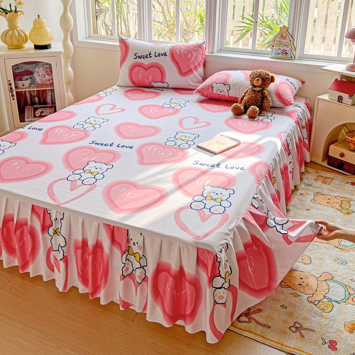 91家纺网 家纺一手货源 找家纺 极梦家纺（支持定制） 2025新款印花磨毛单床裙三件套（总链接一）粉心熊