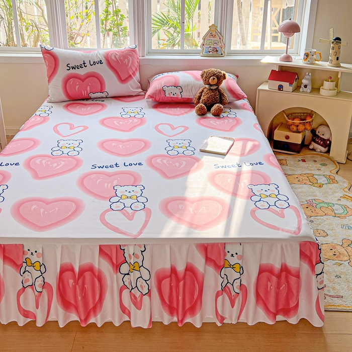 91家纺网 家纺一手货源 找家纺 极梦家纺（支持定制） 2025新款印花磨毛单床裙三件套（总链接一）粉心熊