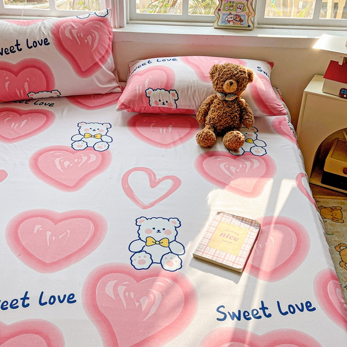 91家纺网 家纺一手货源 找家纺 极梦家纺（支持定制） 2025新款印花磨毛单床裙三件套（总链接一）粉心熊