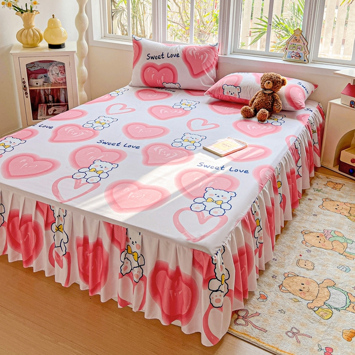 91家纺网 家纺一手货源 找家纺 极梦家纺（支持定制） 2025新款印花磨毛单床裙三件套（总链接一）粉心熊