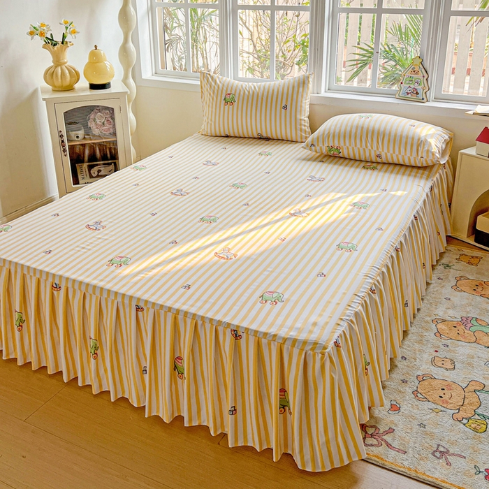 91家纺网 家纺一手货源 找家纺 极梦家纺（支持定制） 2025新款印花磨毛单床裙三件套（总链接一）黄条小象