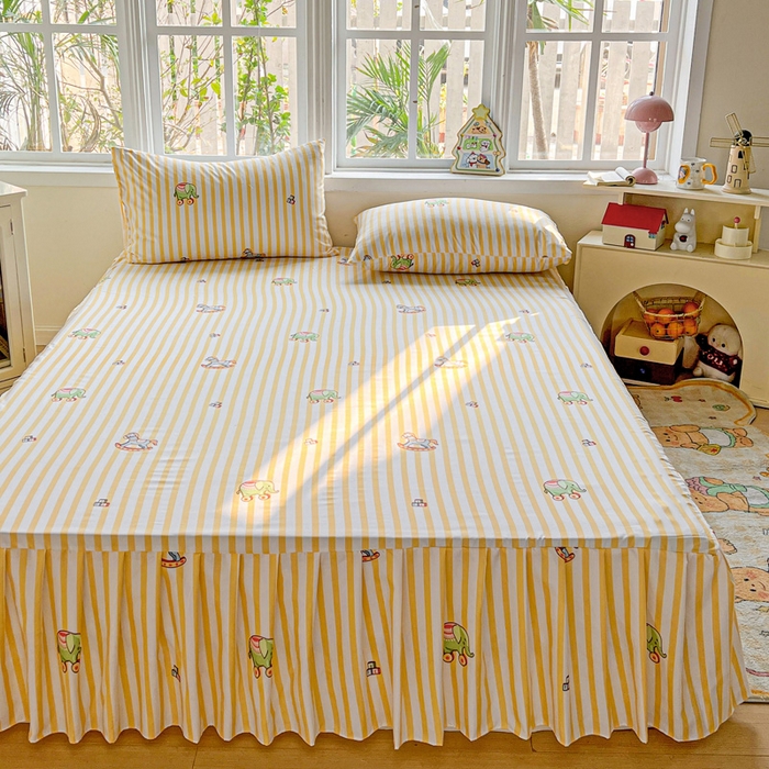 91家纺网 家纺一手货源 找家纺 极梦家纺（支持定制） 2025新款印花磨毛单床裙三件套（总链接一）黄条小象