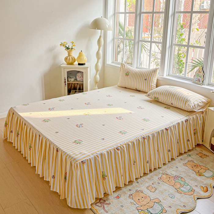 91家纺网 家纺一手货源 找家纺 极梦家纺（支持定制） 2025新款印花磨毛单床裙三件套（总链接一）黄条小象