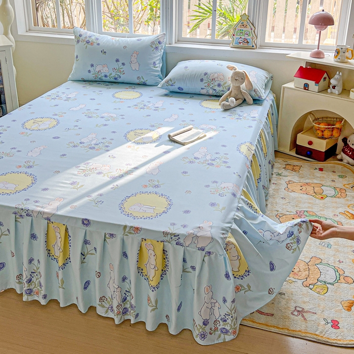 91家纺网 家纺一手货源 找家纺 极梦家纺（支持定制） 2025新款印花磨毛单床裙三件套（总链接一）蓝白兔