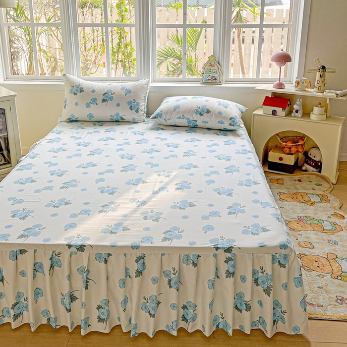 91家纺网 家纺一手货源 找家纺 极梦家纺（支持定制） 2025新款印花磨毛单床裙三件套（总链接一）蓝樱花语