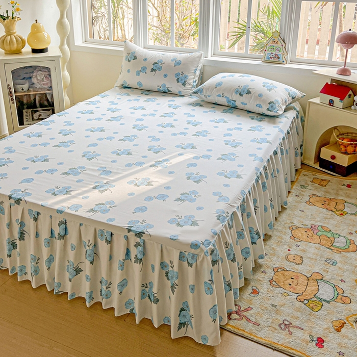 91家纺网 家纺一手货源 找家纺 极梦家纺（支持定制） 2025新款印花磨毛单床裙三件套（总链接一）蓝樱花语