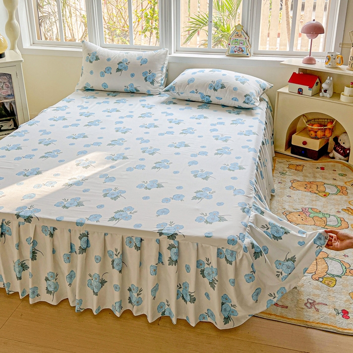 91家纺网 家纺一手货源 找家纺 极梦家纺（支持定制） 2025新款印花磨毛单床裙三件套（总链接一）蓝樱花语