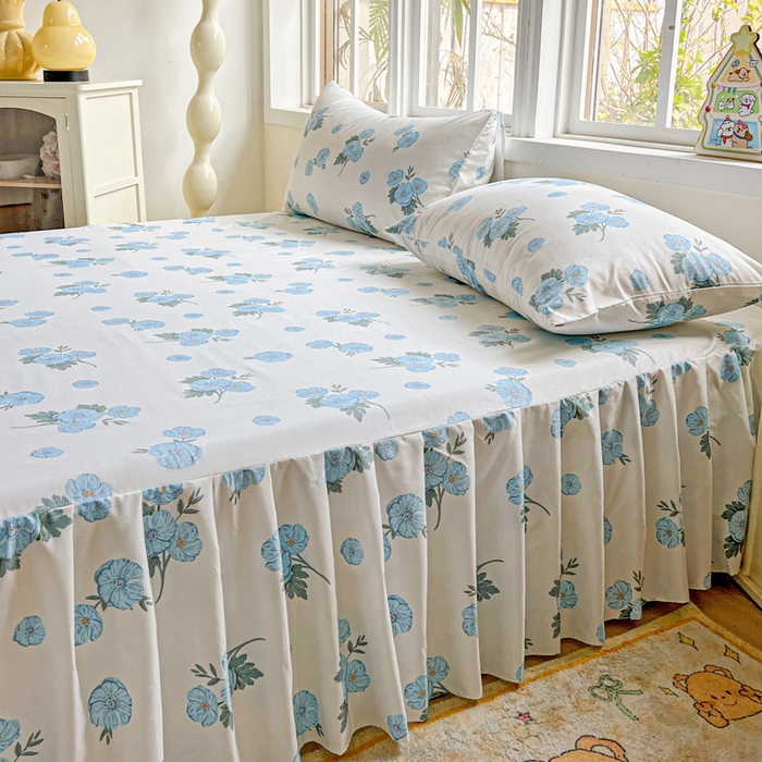 91家纺网 家纺一手货源 找家纺 极梦家纺（支持定制） 2025新款印花磨毛单床裙三件套（总链接一）蓝樱花语