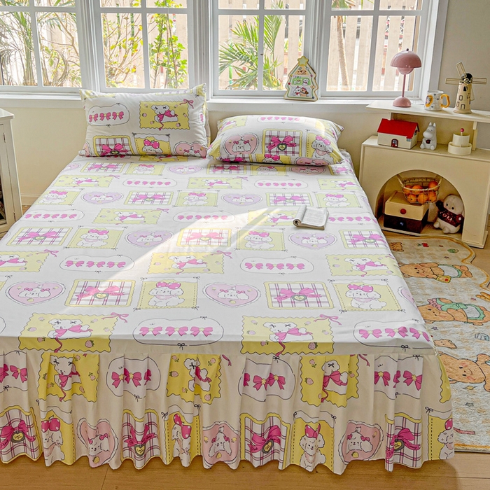 91家纺网 家纺一手货源 找家纺 极梦家纺（支持定制） 2025新款印花磨毛单床裙三件套（总链接一）甜橙气泡