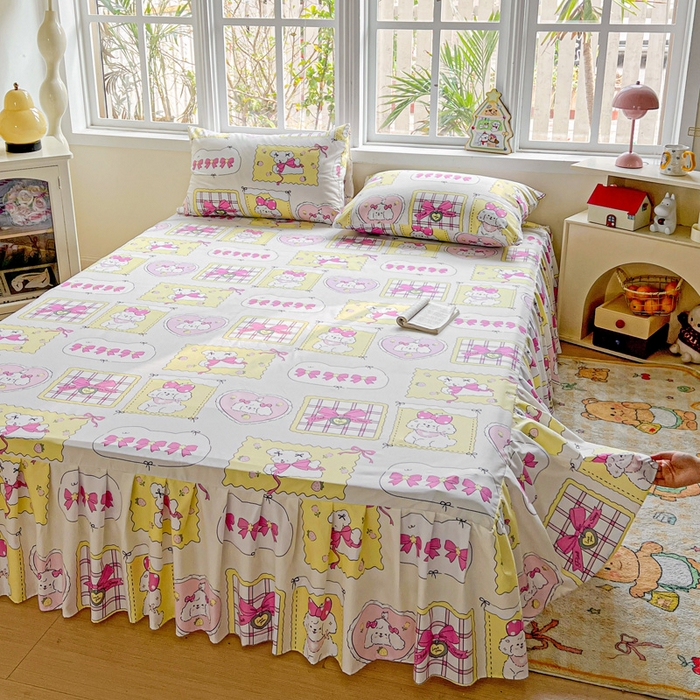 91家纺网 家纺一手货源 找家纺 极梦家纺（支持定制） 2025新款印花磨毛单床裙三件套（总链接一）甜橙气泡