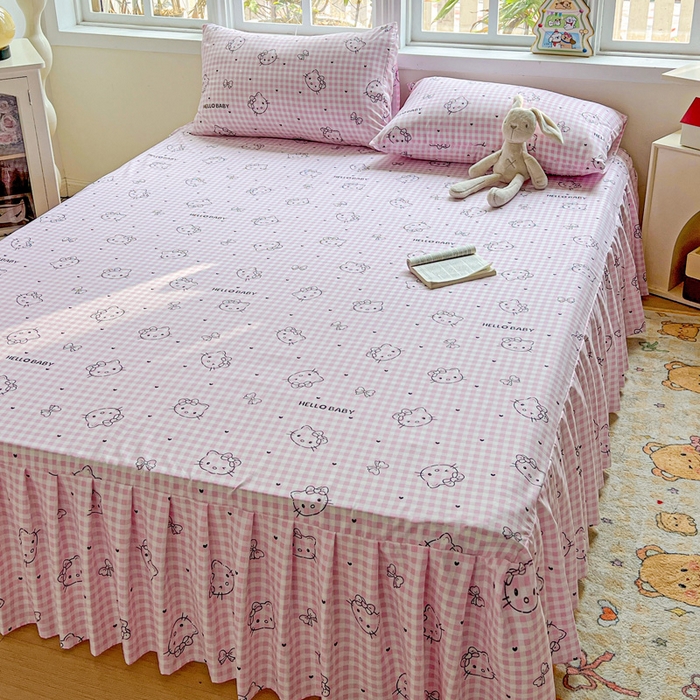 91家纺网 家纺一手货源 找家纺 极梦家纺（支持定制） 2025新款印花磨毛单床裙三件套（总链接一）线条kt猫粉