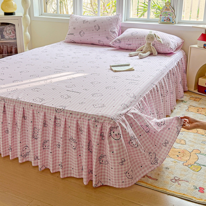 91家纺网 家纺一手货源 找家纺 极梦家纺（支持定制） 2025新款印花磨毛单床裙三件套（总链接一）线条kt猫粉