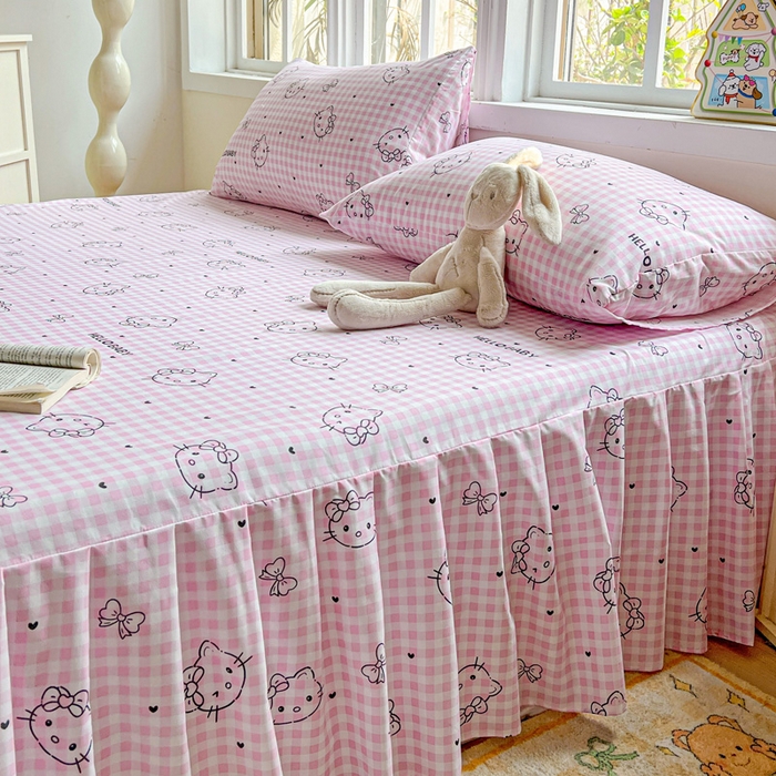 91家纺网 家纺一手货源 找家纺 极梦家纺（支持定制） 2025新款印花磨毛单床裙三件套（总链接一）线条kt猫粉