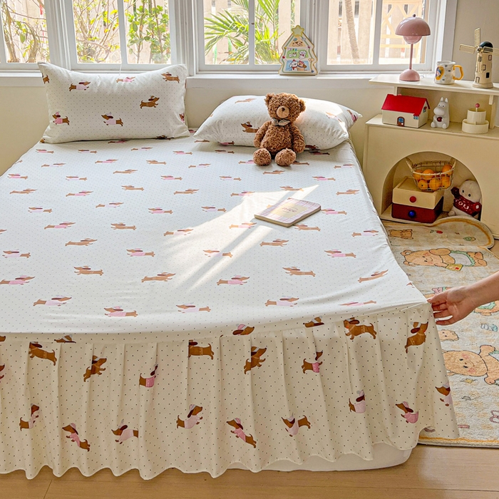 91家纺网 家纺一手货源 找家纺 极梦家纺（支持定制） 2025新款印花磨毛单床裙三件套（总链接一）香肠狗