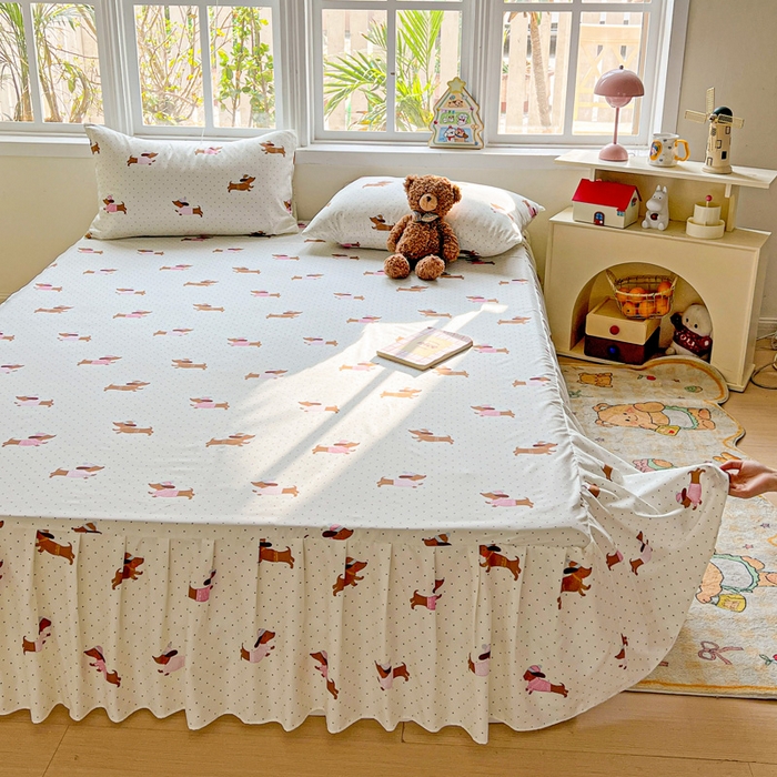 91家纺网 家纺一手货源 找家纺 极梦家纺（支持定制） 2025新款印花磨毛单床裙三件套（总链接一）香肠狗