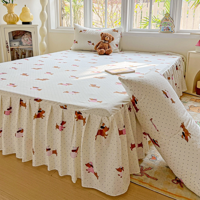 91家纺网 家纺一手货源 找家纺 极梦家纺（支持定制） 2025新款印花磨毛单床裙三件套（总链接一）香肠狗