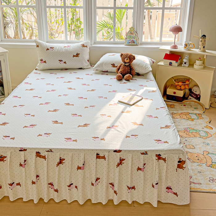 91家纺网 家纺一手货源 找家纺 极梦家纺（支持定制） 2025新款印花磨毛单床裙三件套（总链接一）香肠狗