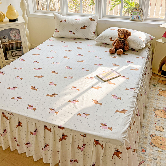 91家纺网 家纺一手货源 找家纺 极梦家纺（支持定制） 2025新款印花磨毛单床裙三件套（总链接一）香肠狗