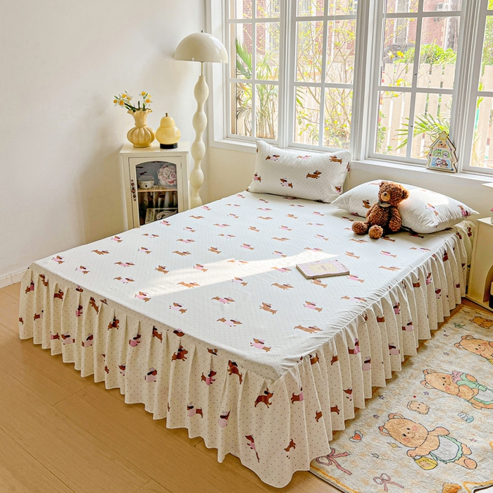 91家纺网 家纺一手货源 找家纺 极梦家纺（支持定制） 2025新款印花磨毛单床裙三件套（总链接一）香肠狗