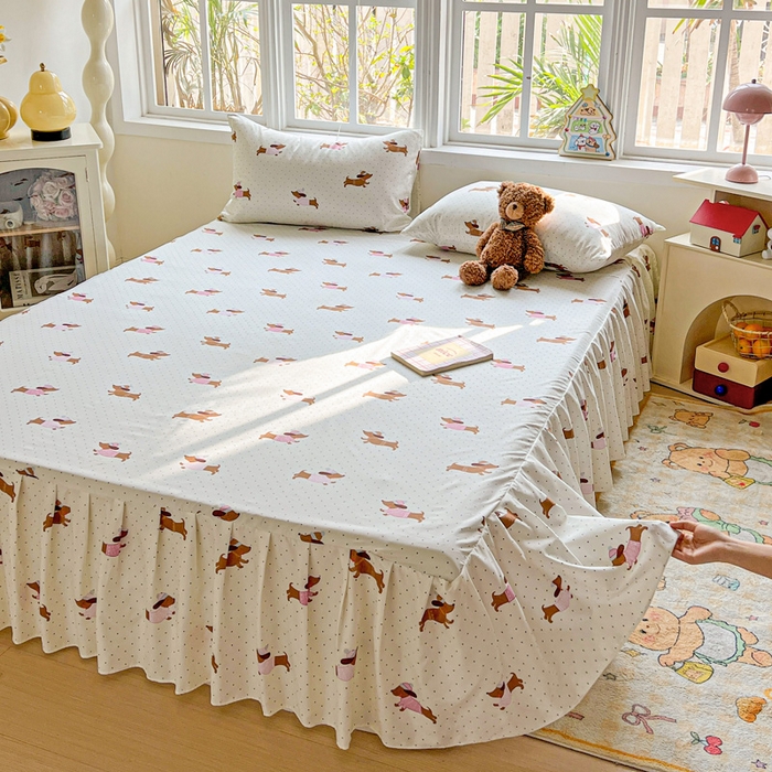 91家纺网 家纺一手货源 找家纺 极梦家纺（支持定制） 2025新款印花磨毛单床裙三件套（总链接一）香肠狗