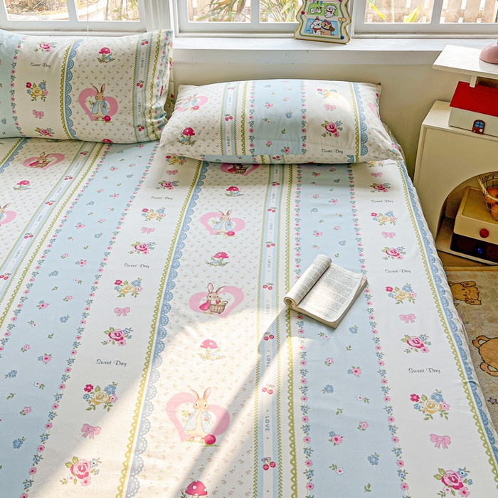 91家纺网 家纺一手货源 找家纺 极梦家纺（支持定制） 2025新款印花磨毛单床裙三件套（总链接一）小兔蘑菇