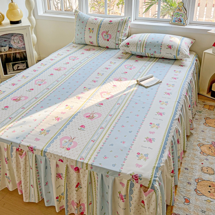 91家纺网 家纺一手货源 找家纺 极梦家纺（支持定制） 2025新款印花磨毛单床裙三件套（总链接一）小兔蘑菇