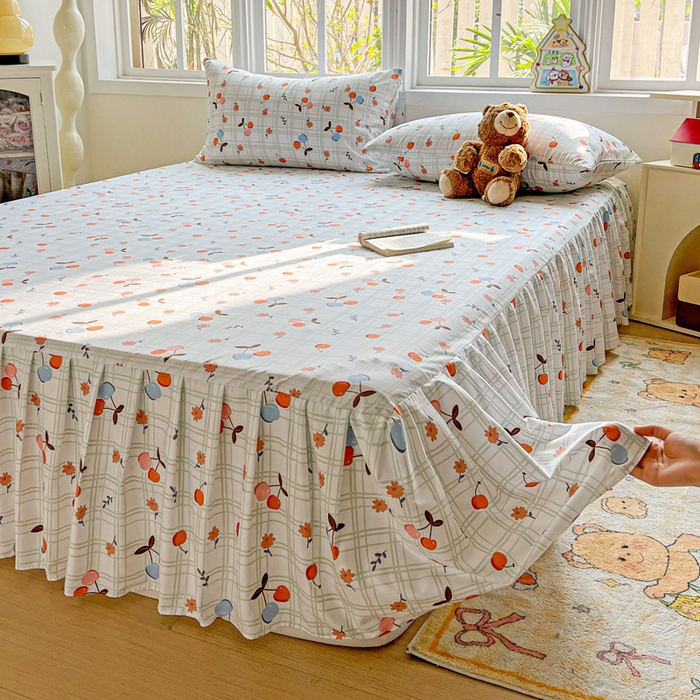 91家纺网 家纺一手货源 找家纺 极梦家纺（支持定制） 2025新款印花磨毛单床裙三件套（总链接一）樱桃格