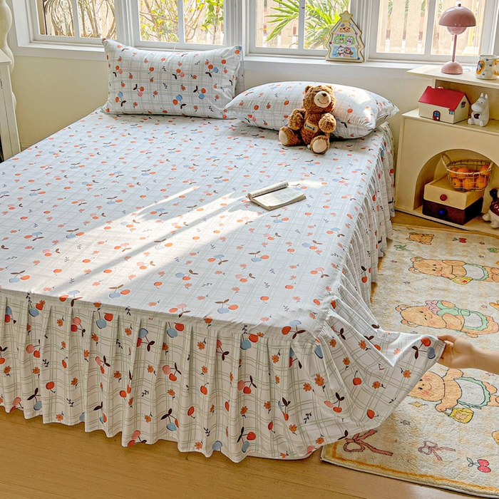 91家纺网 家纺一手货源 找家纺 极梦家纺（支持定制） 2025新款印花磨毛单床裙三件套（总链接一）樱桃格