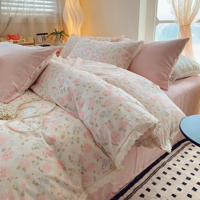 91家纺网 家纺一手货源 找家纺 （总） 奈萝家纺  2025新款全棉双层纱花边款四件套