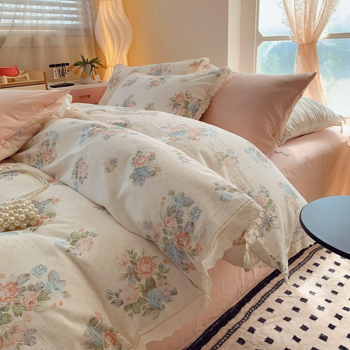  奈萝家纺  2025新款全棉双层纱花边款四件套 花舞轻盈