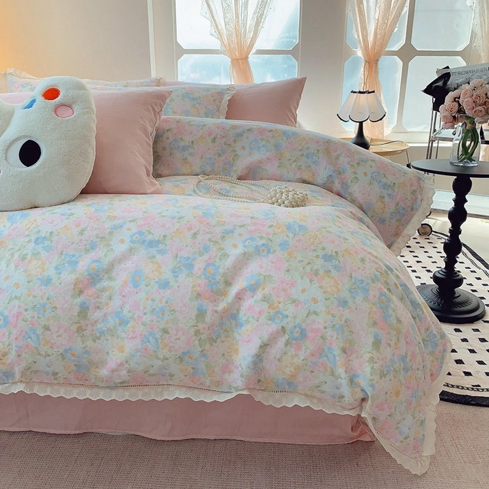 91家纺网 家纺一手货源 找家纺  奈萝家纺  2025新款全棉双层纱花边款四件套 花香魅影