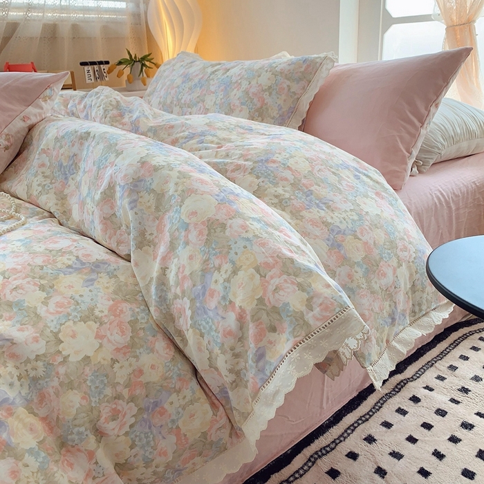  奈萝家纺  2025新款全棉双层纱花边款四件套 暖阳绿意