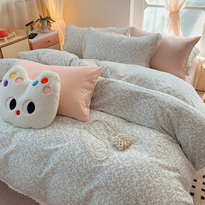 91家纺网 家纺一手货源 找家纺  奈萝家纺  2025新款全棉双层纱花边款四件套 秋之寄语兰