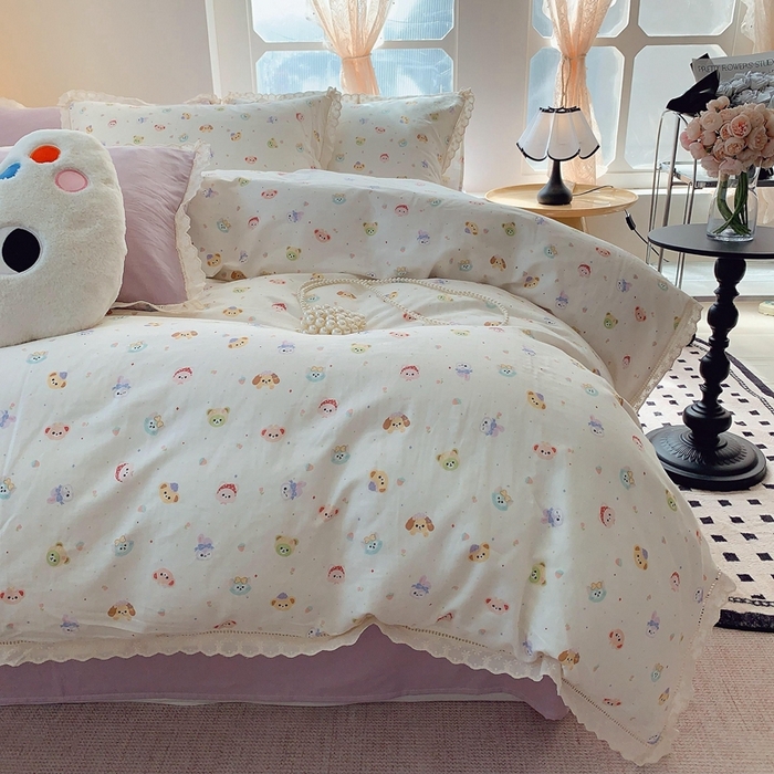 91家纺网 家纺一手货源 找家纺  奈萝家纺  2025新款全棉双层纱花边款四件套 涂鸦乐园