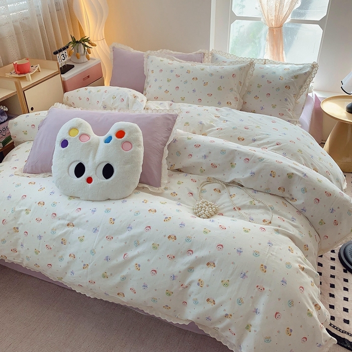 91家纺网 家纺一手货源 找家纺  奈萝家纺  2025新款全棉双层纱花边款四件套 涂鸦乐园