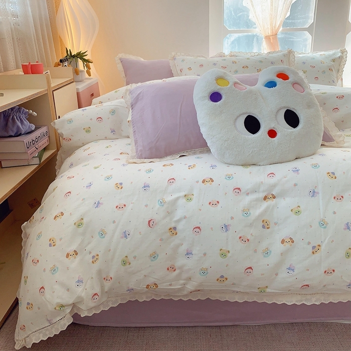 91家纺网 家纺一手货源 找家纺  奈萝家纺  2025新款全棉双层纱花边款四件套 涂鸦乐园