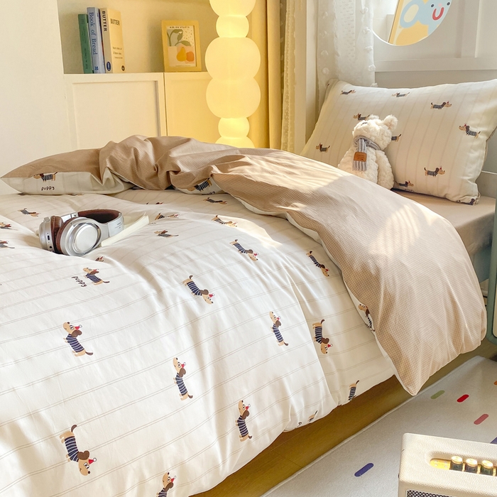 91家纺网 家纺一手货源 找家纺 宅部落 2025新款全棉三件套纯棉学生宿舍上下铺六件套 腊肠狗