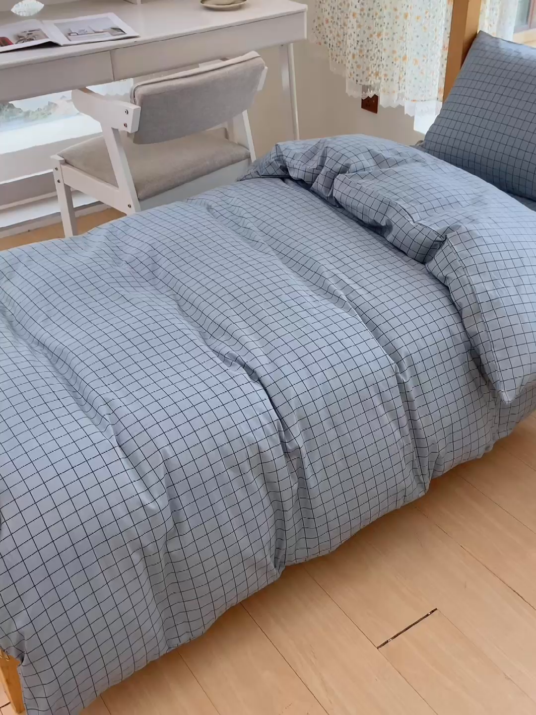 91家纺网 家纺一手货源 找家纺 宅部落 2025新款全棉三件套纯棉学生宿舍上下铺六件套 蓝小格