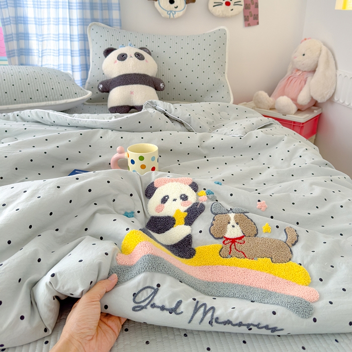 赫梵茜 2025新款云朵棉毛巾绣床盖夏被被套四件套 熊猫