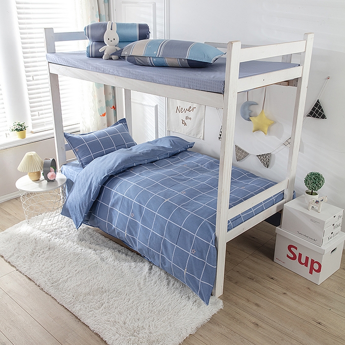 小叮当家纺仓储工厂店 提供买家秀爆款花型不断货）2025新款全棉AB版13372学生宿舍印花三件套双面纯棉床单款上下铺单人 小时光-蓝