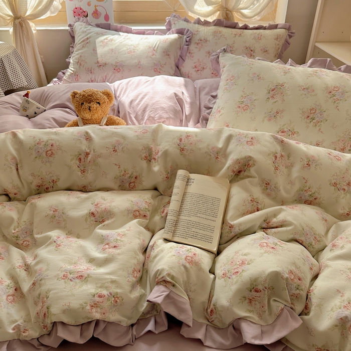 91家纺网 家纺一手货源 找家纺 韩巢家纺 2025新款针织双层纱花边款被套直播热销款四件套学生宿舍床单三件套-（提供卖家秀）悠然绿