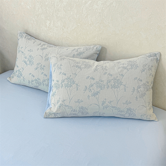 91家纺网 家纺一手货源 找家纺 灰鲸2025新款A类全棉三层纱色织提花系列四件套 初春-蓝