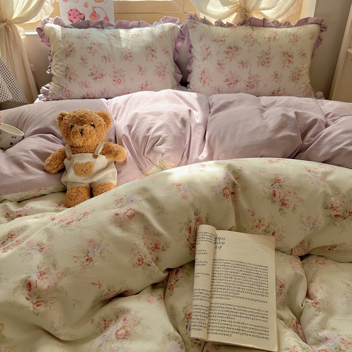 91家纺网 家纺一手货源 找家纺 韩巢家纺 2025新款针织双层纱花边款被套直播热销款四件套学生宿舍床单三件套-（提供卖家秀）悠然绿