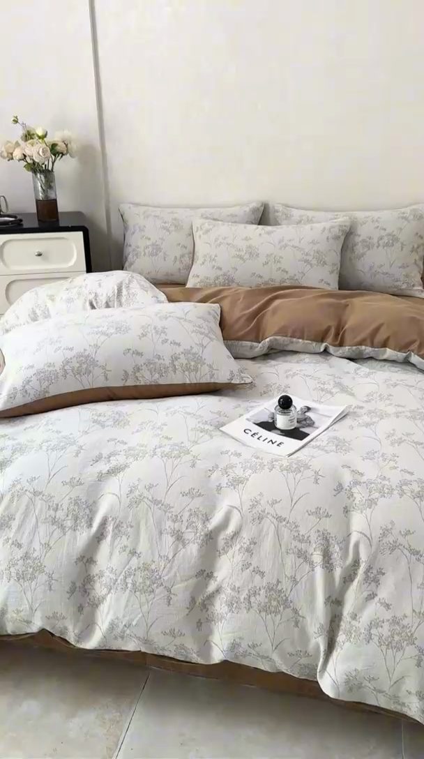 91家纺网 家纺一手货源 找家纺 灰鲸2025新款A类全棉三层纱色织提花系列四件套 初春-咖