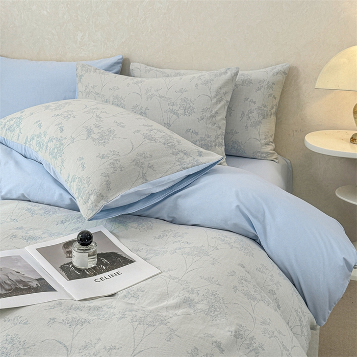 91家纺网 家纺一手货源 找家纺 灰鲸2025新款A类全棉三层纱色织提花系列四件套 初春-蓝