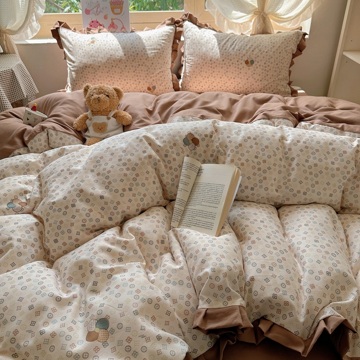 91家纺网 家纺一手货源 找家纺 韩巢家纺 2025新款针织双层纱花边款被套直播热销款四件套学生宿舍床单三件套-（提供卖家秀）四叶草