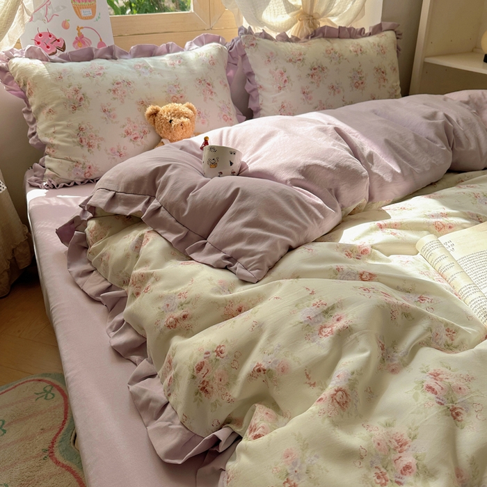 91家纺网 家纺一手货源 找家纺 韩巢家纺 2025新款针织双层纱花边款被套直播热销款四件套学生宿舍床单三件套-（提供卖家秀）悠然绿