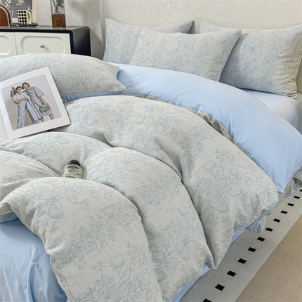 灰鲸2025新款A类全棉三层纱色织提花系列四件套 蝶飞-蓝