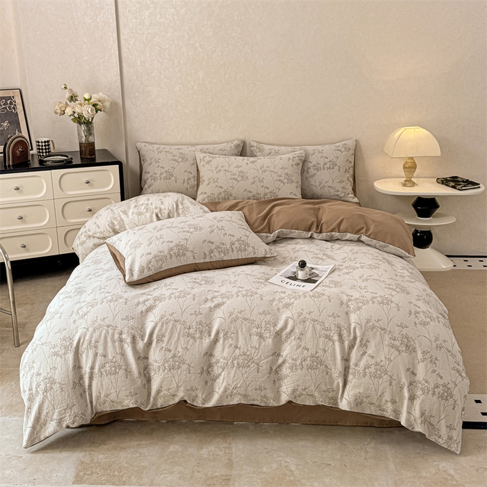 91家纺网 家纺一手货源 找家纺 灰鲸2025新款A类全棉三层纱色织提花系列四件套 初春-咖